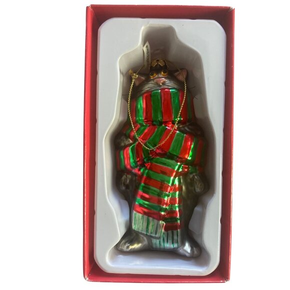 Vintage Kurt Adler Linnea Riley Glass Gray Cat Scarf Ornament Art Inst Chicago - Picture 2 of 7